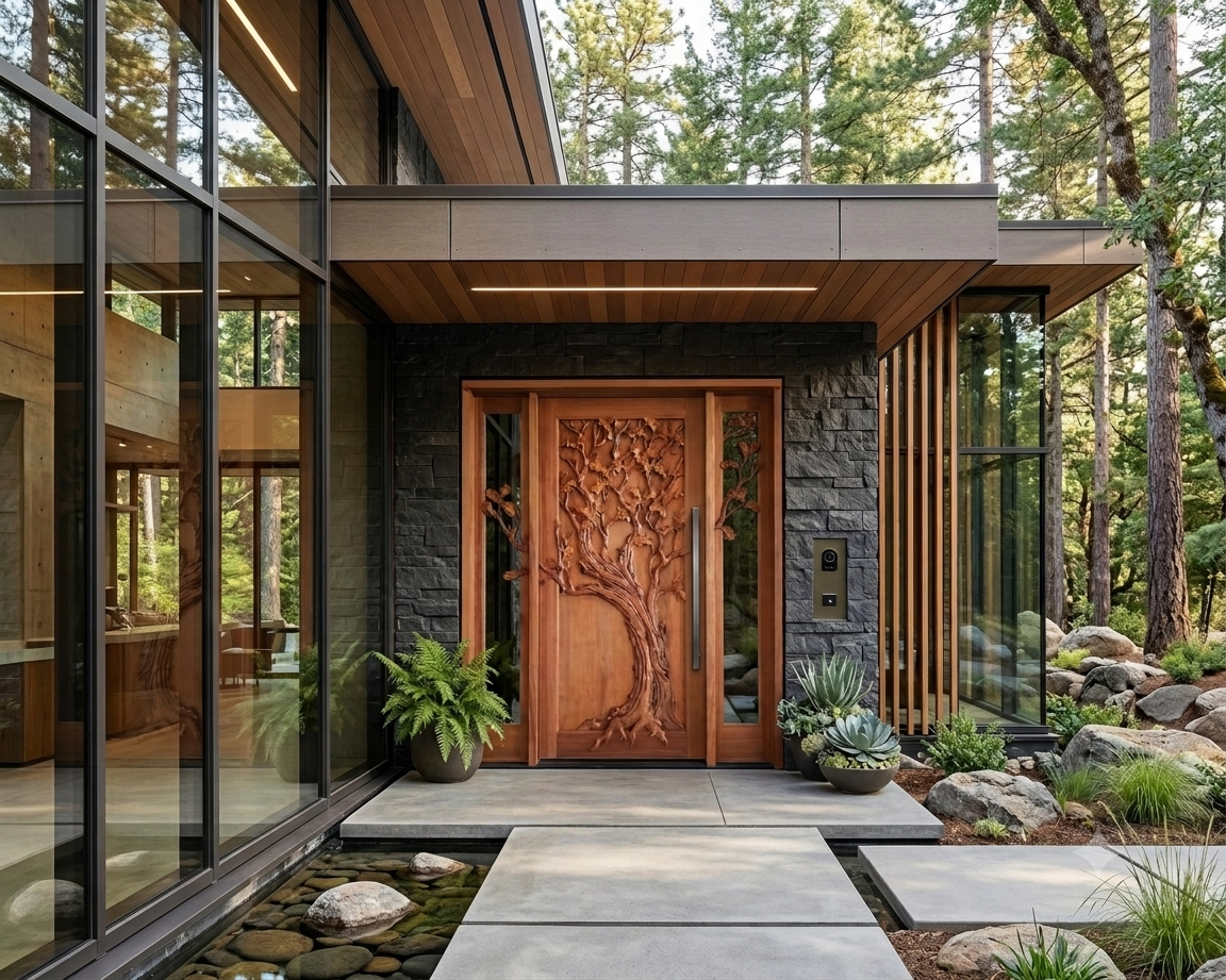Installed Eternal Oak custom solid wood single swing entry door featuring a hand-carved oak tree with branches extending across glass sidelights on a modern California mountain home with dark stone and glass walls.