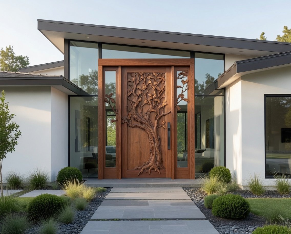 Installed Eternal Oak custom solid wood single swing entry door featuring a hand-carved oak tree with branches extending across glass sidelights on a contemporary white and glass home.