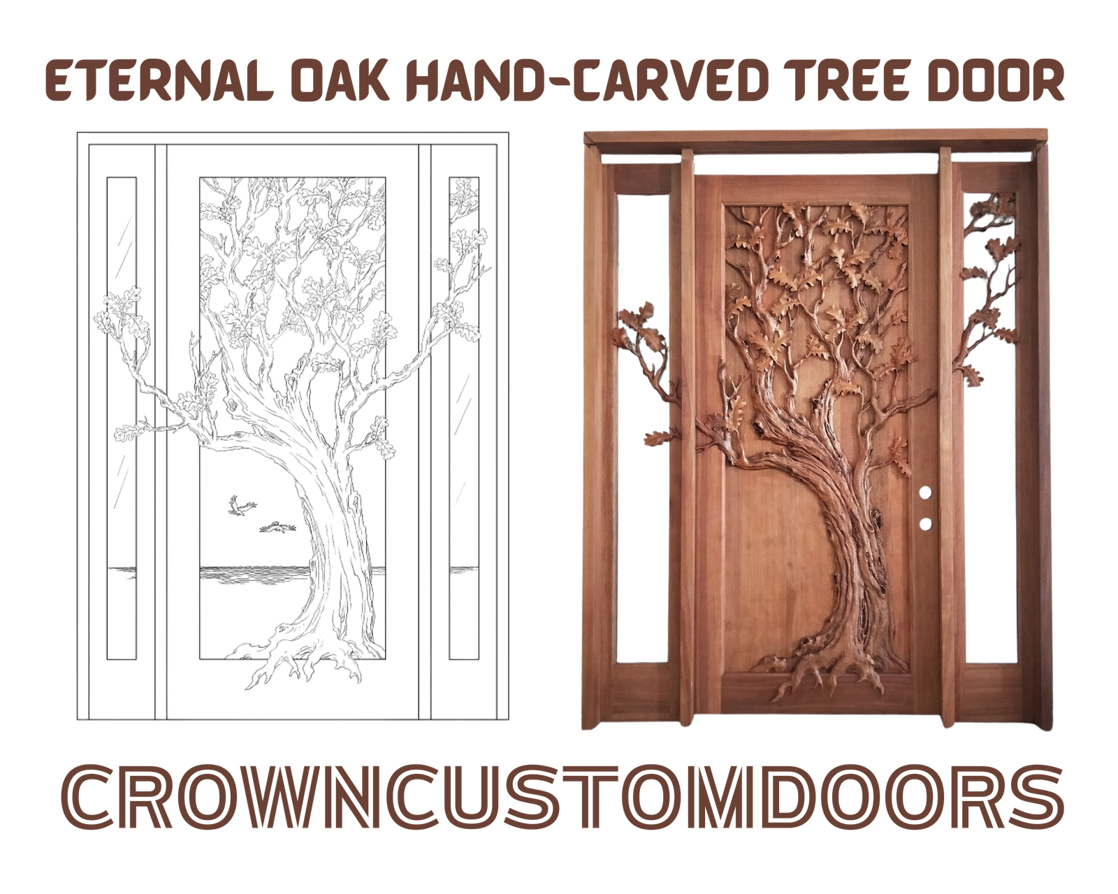 Side-by-side graphic showing a white line CAD architectural drawing and a completed pre-hung solid wood single swing Eternal Oak tree door with branch sidelights.