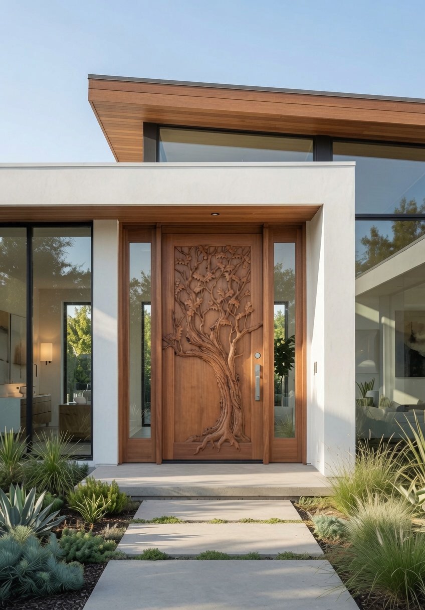 Installed Eternal Oak custom solid wood single swing entry door featuring a hand-carved oak tree with branches extending across clear glass sidelights on a modern architectural home.