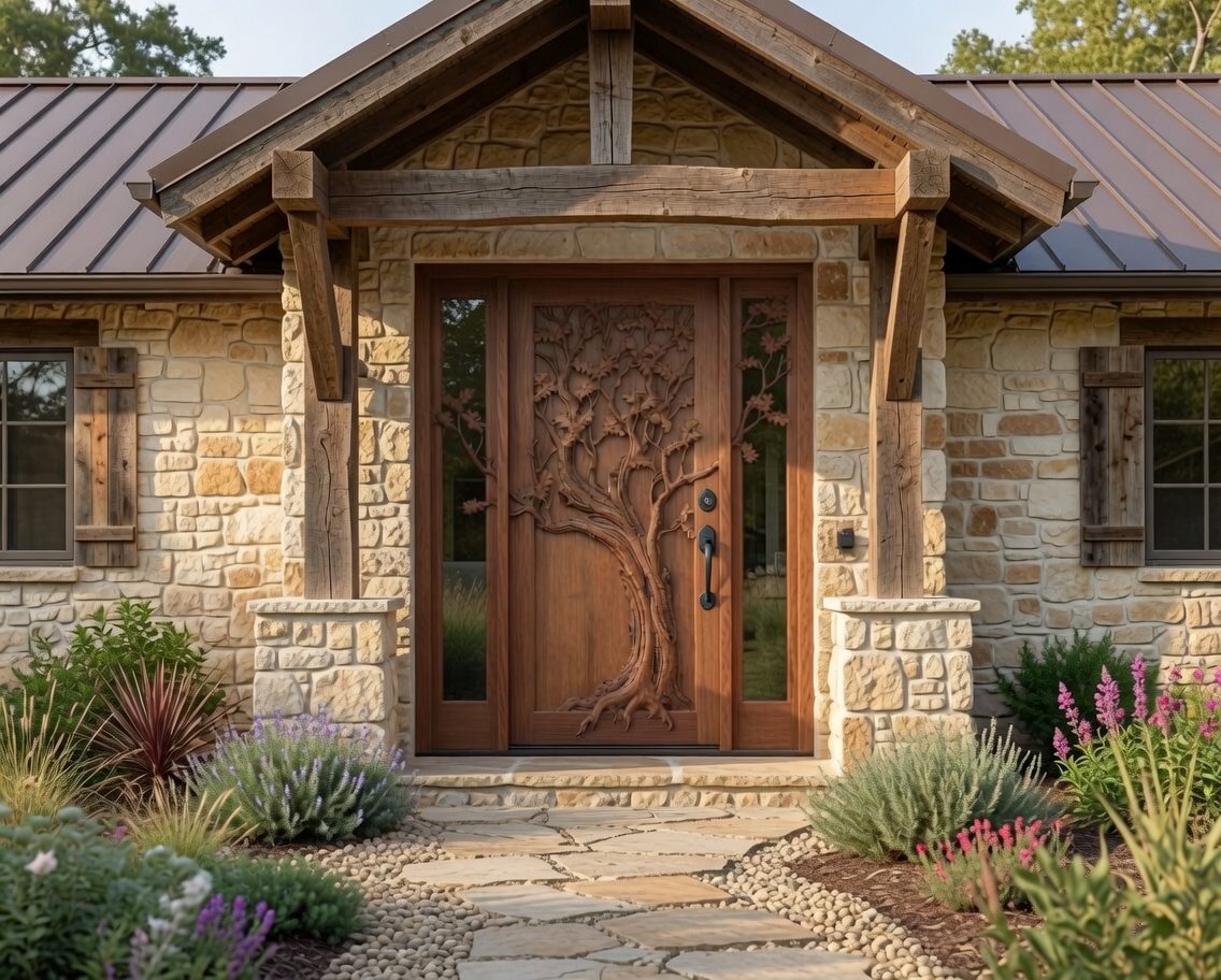Installed Eternal Oak custom solid wood single swing entry door featuring a hand-carved oak tree with branches extending across glass sidelights on a Texas stone home.