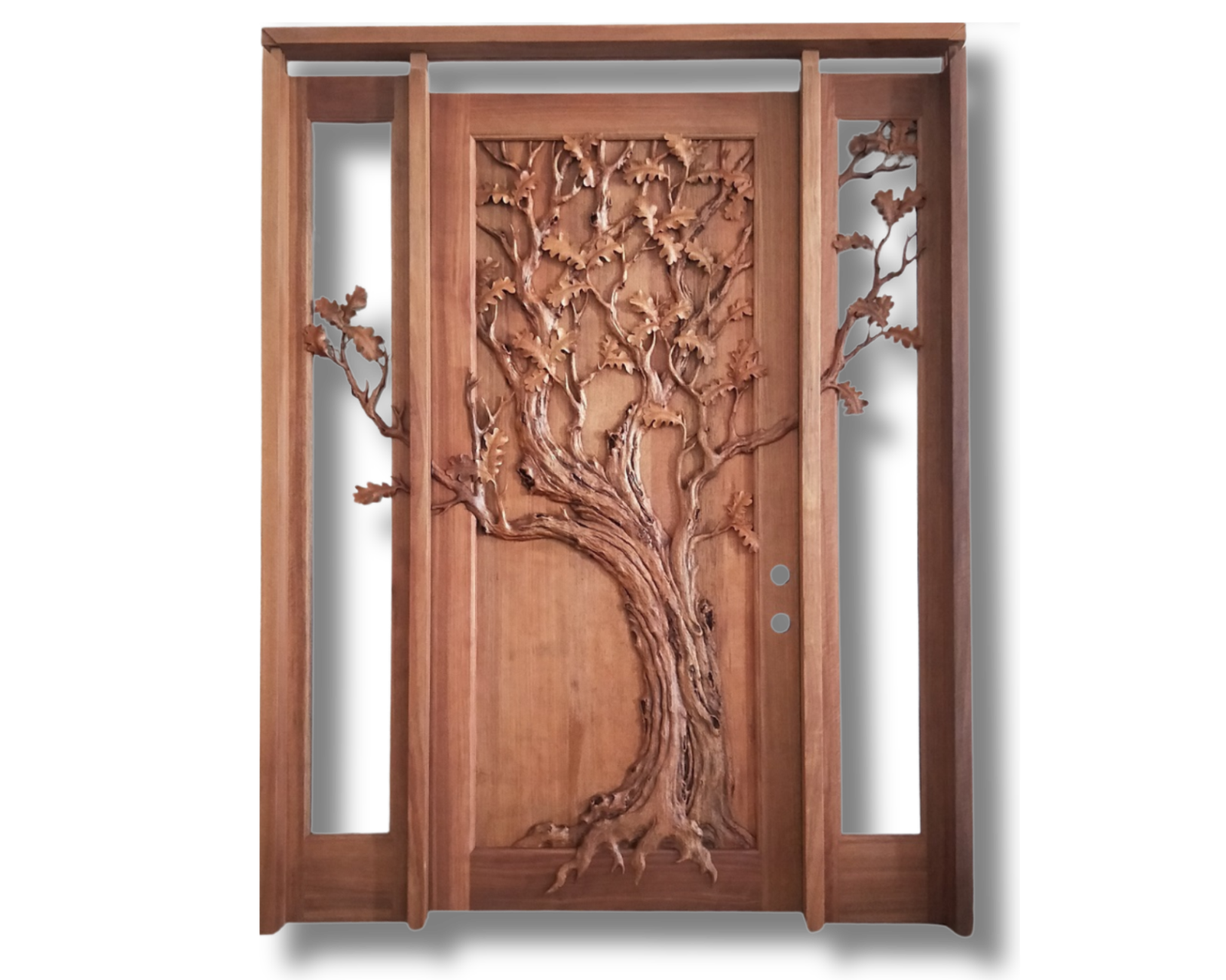 Front studio view of a pre-hung solid wood single swing Eternal Oak tree door featuring hand-carved branches extending across matching sidelight frames.