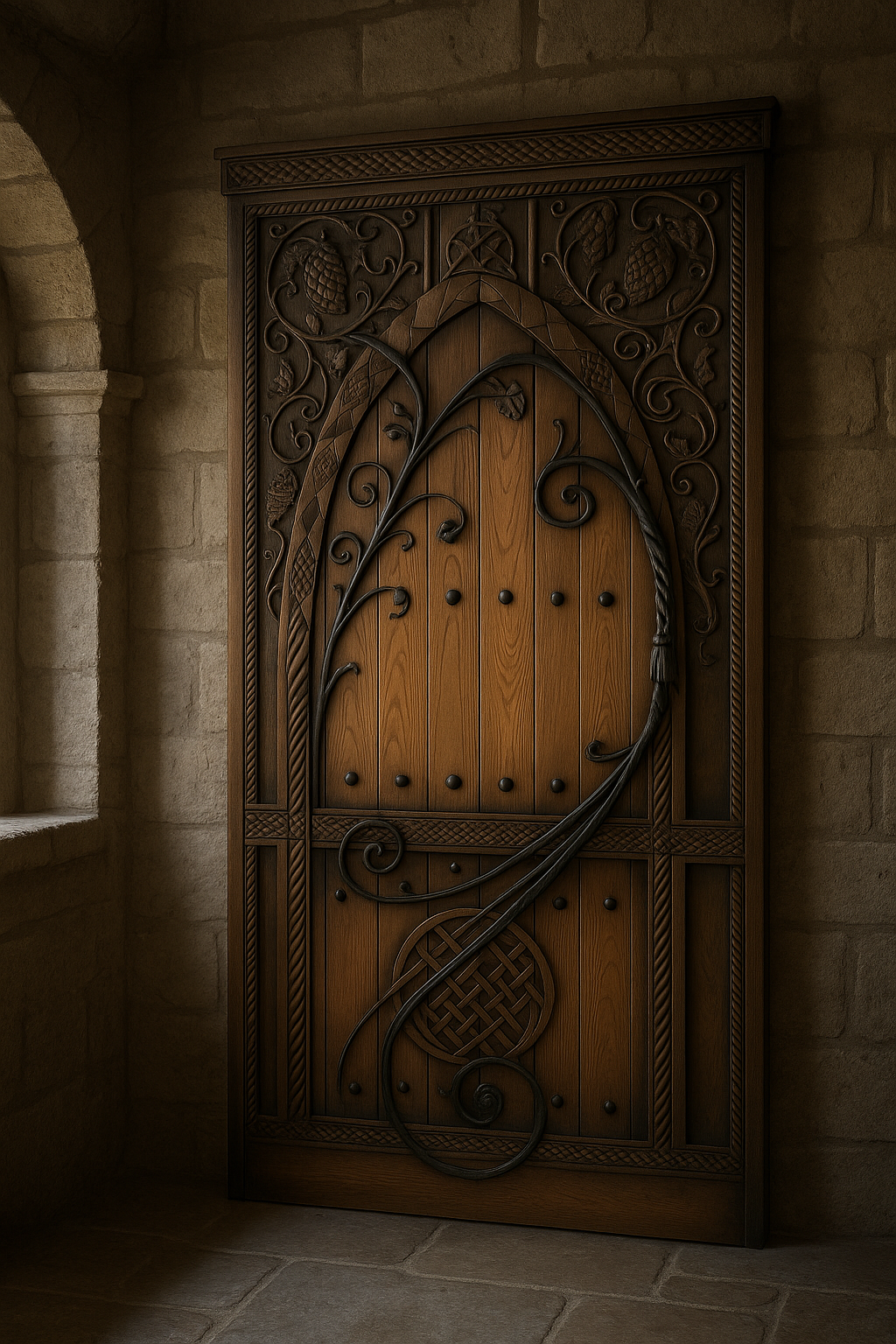 A custom single interior door from the Gothic Gateway series by Crown Custom Doors, handcrafted from solid white oak with a rich two-tone finish, featuring hand-carved Celtic knots, braided rope moldings, black clavos studs, and a sweeping asymmetrical hand-forged black wrought iron overlay, installed within a rustic stone block wall setting.