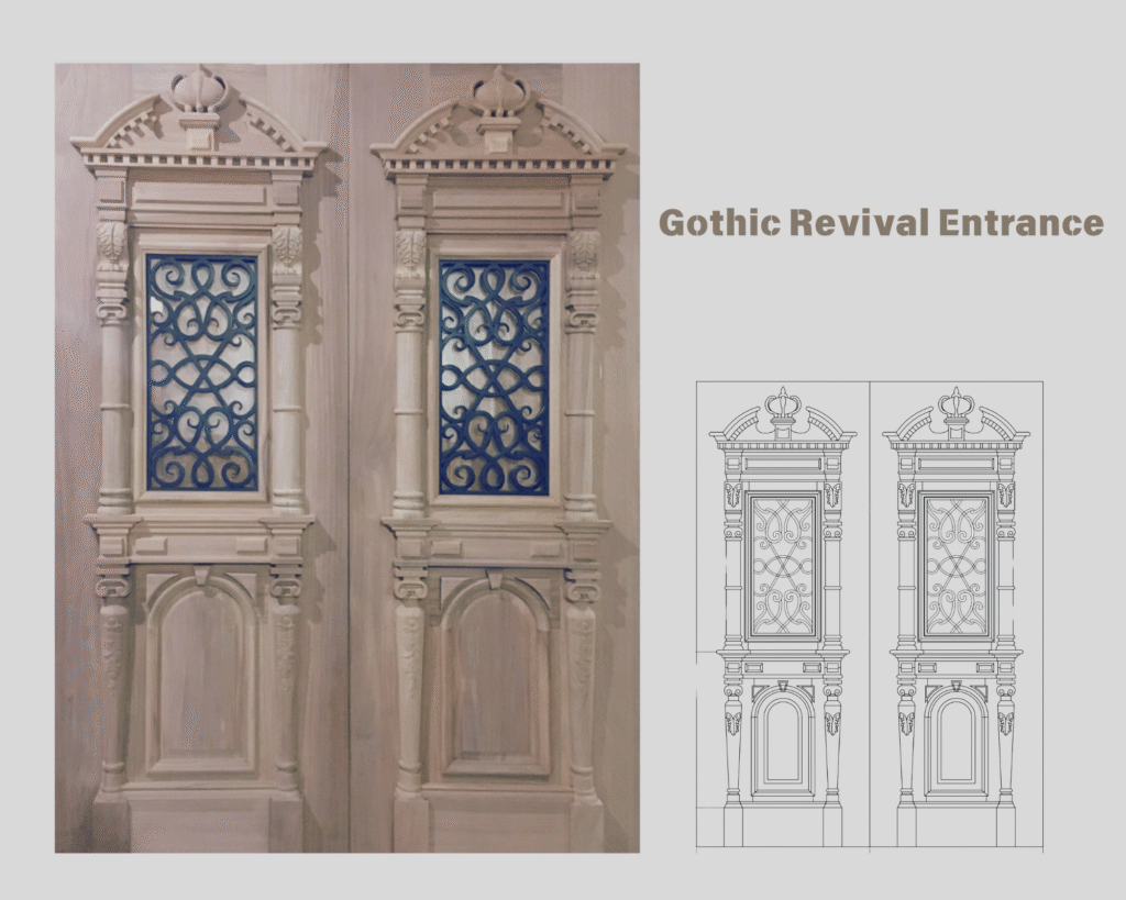 A product design graphic from Crown Custom Doors titled Gothic Revival Entrance, featuring a photograph of the raw solid wood double door panels alongside a matching architectural CAD blueprint elevation drawing showing the exact door trim, ornate moldings, and iron grille layouts.