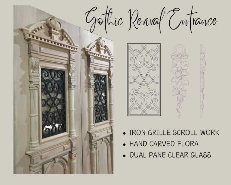 A custom door features graphic from Crown Custom Doors titled Gothic Revival Entrance, showing the raw solid wood detailing of an ornate double door system next to technical CAD line drawings for the iron grille scrollwork and hand-carved flora elements on a light neutral background.