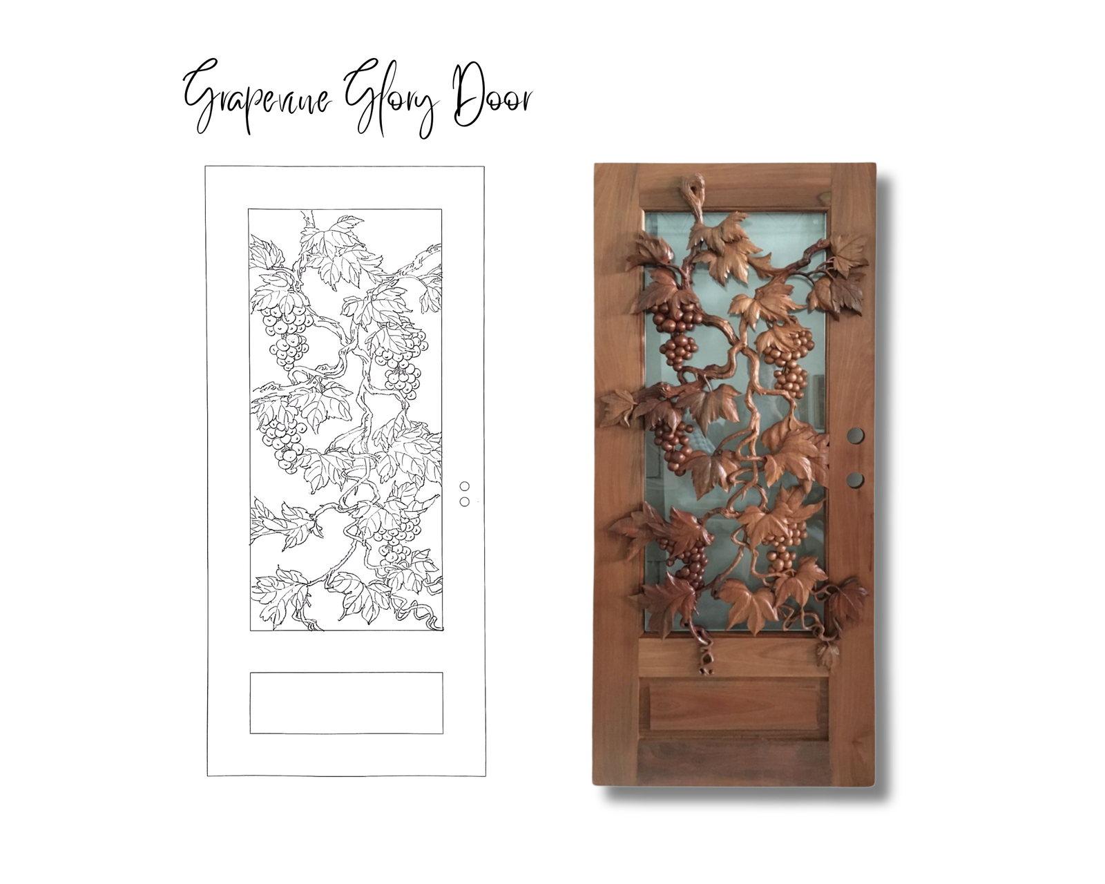 Side-by-side comparison showing a white line CAD drawing and a completed solid wood single swing Grapevine Glory door with hand-carved grape cluster overlays over a glass insert.