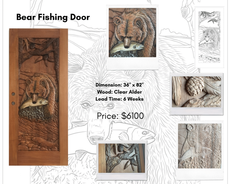 High-relief hand-carved solid Clear Alder single entry door depicting a grizzly bear catching a salmon in a river, framed by pine branches and cones, ideal for rustic log cabins and mountain homes.