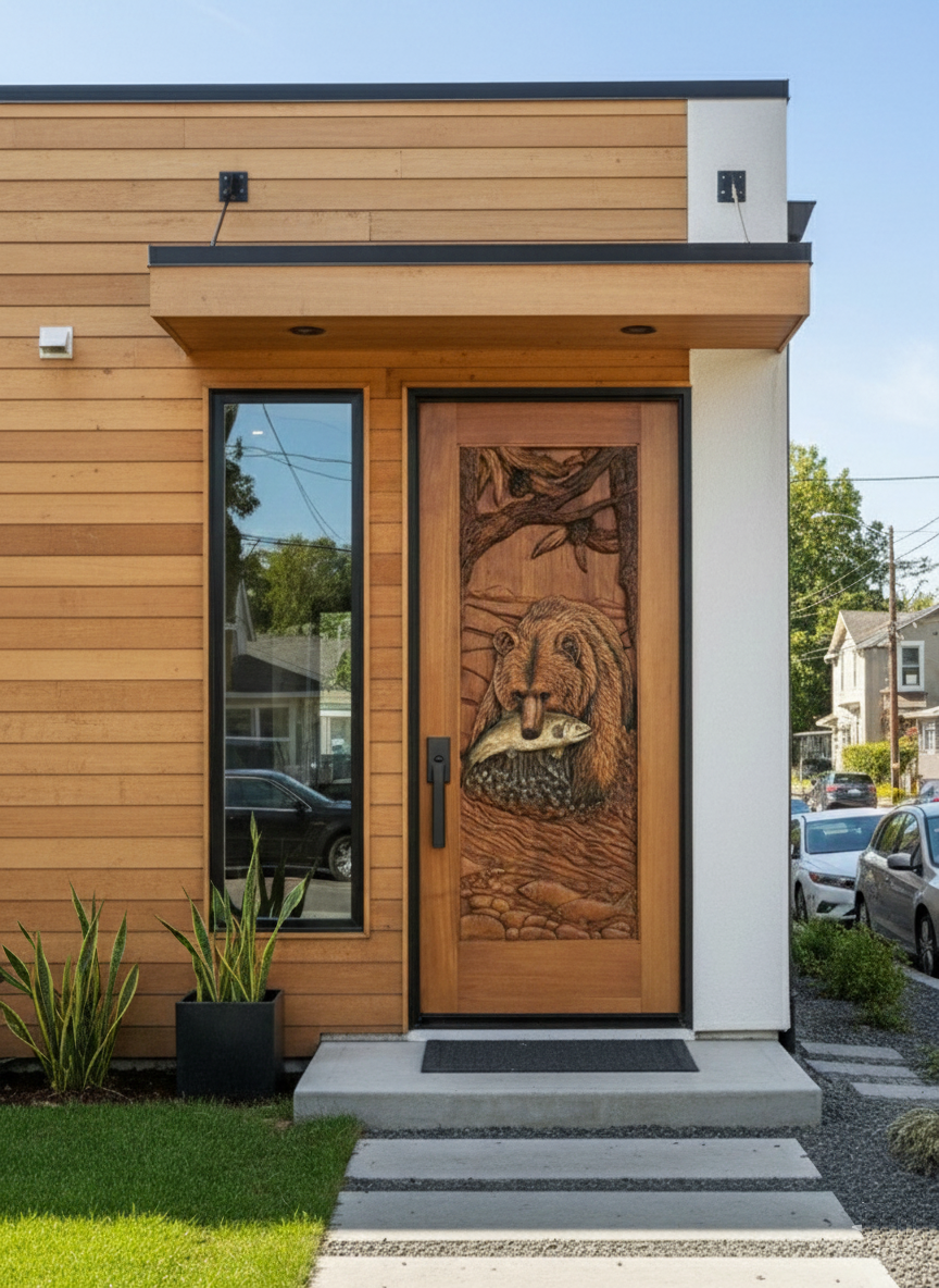 A high-relief hand-carved solid wood single entry door depicting a grizzly bear catching a salmon in a mountain river, installed on a modern urban house with horizontal cedar siding, black window frames, and a concrete pathway.