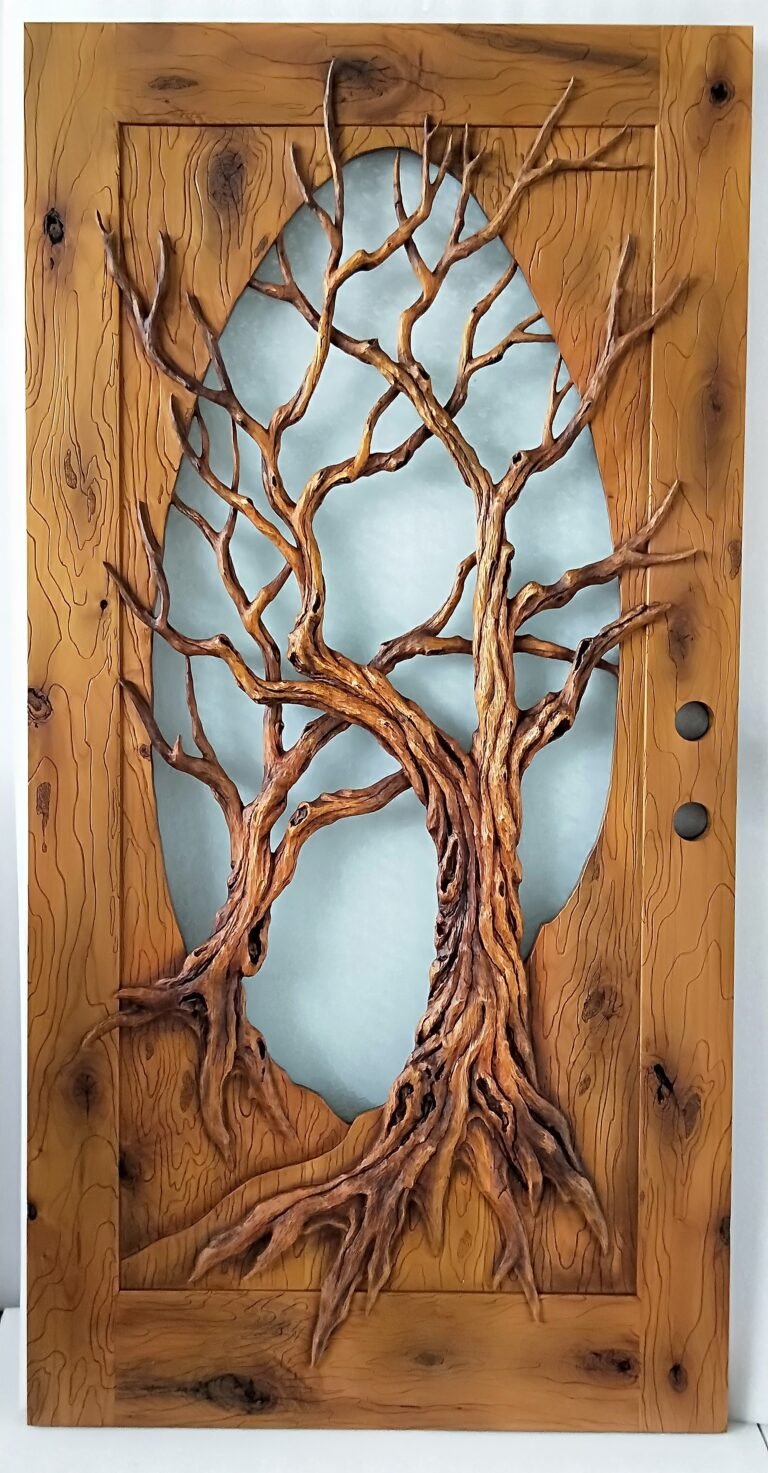 A premium standalone solid knotty alder wood front entry door featuring a highly detailed, hand-carved 3D relief of organic tree branches and sprawling roots wrapped over an oval translucent glass panel insert.