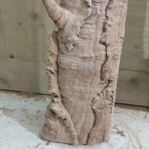 Close-up detail of hand-carved solid mahogany wood casing sculpted with realistic peeling birch tree bark texture for a custom front door frame.