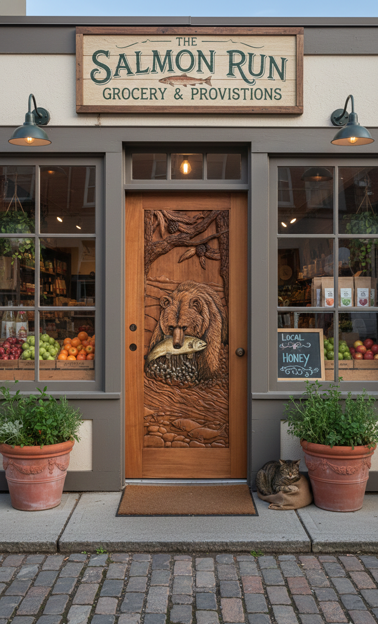 A charming storefront for an artisan grocery store named "The Salmon Run Grocery & Provisions" featuring a custom hand-carved solid wood front entry door with a 3D relief carving of a grizzly bear catching a salmon.