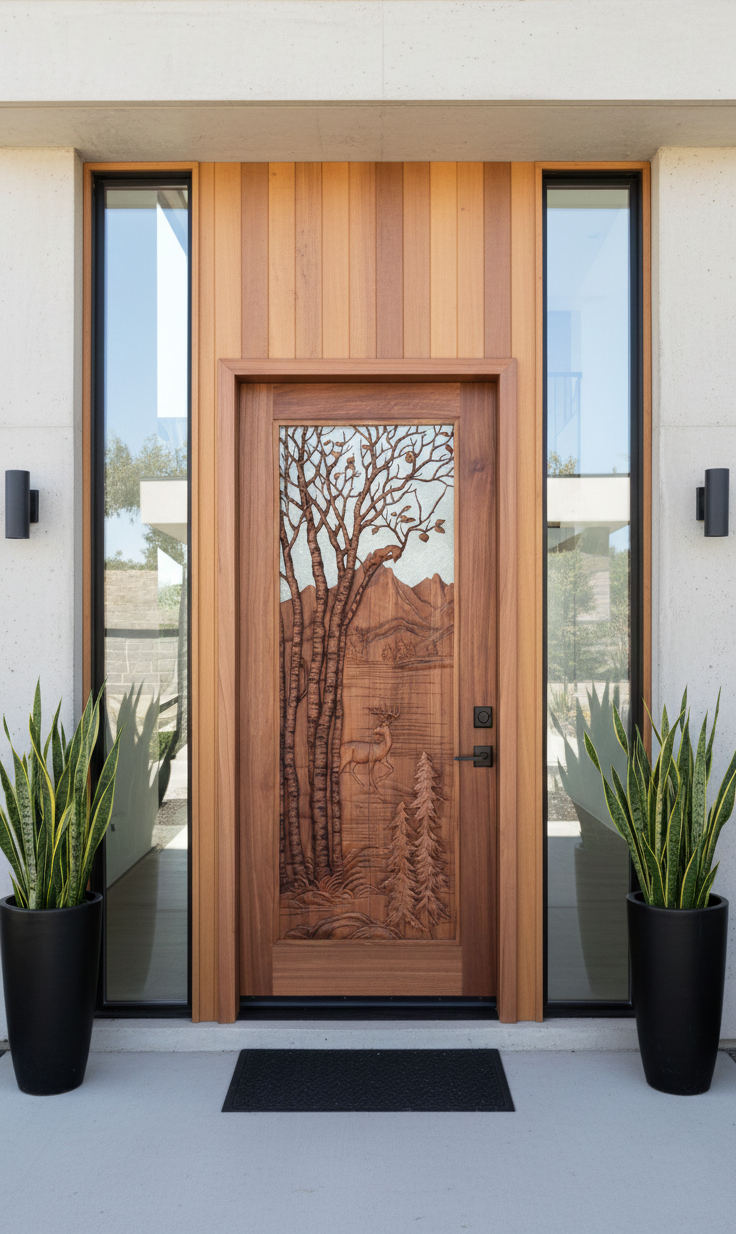 A luxury contemporary home entrance featuring a custom hand-carved solid wood front door with a detailed nature relief carving of an elk, birch trees, and a mountain lake view, flanked by narrow glass sidelights and warm wood paneling.