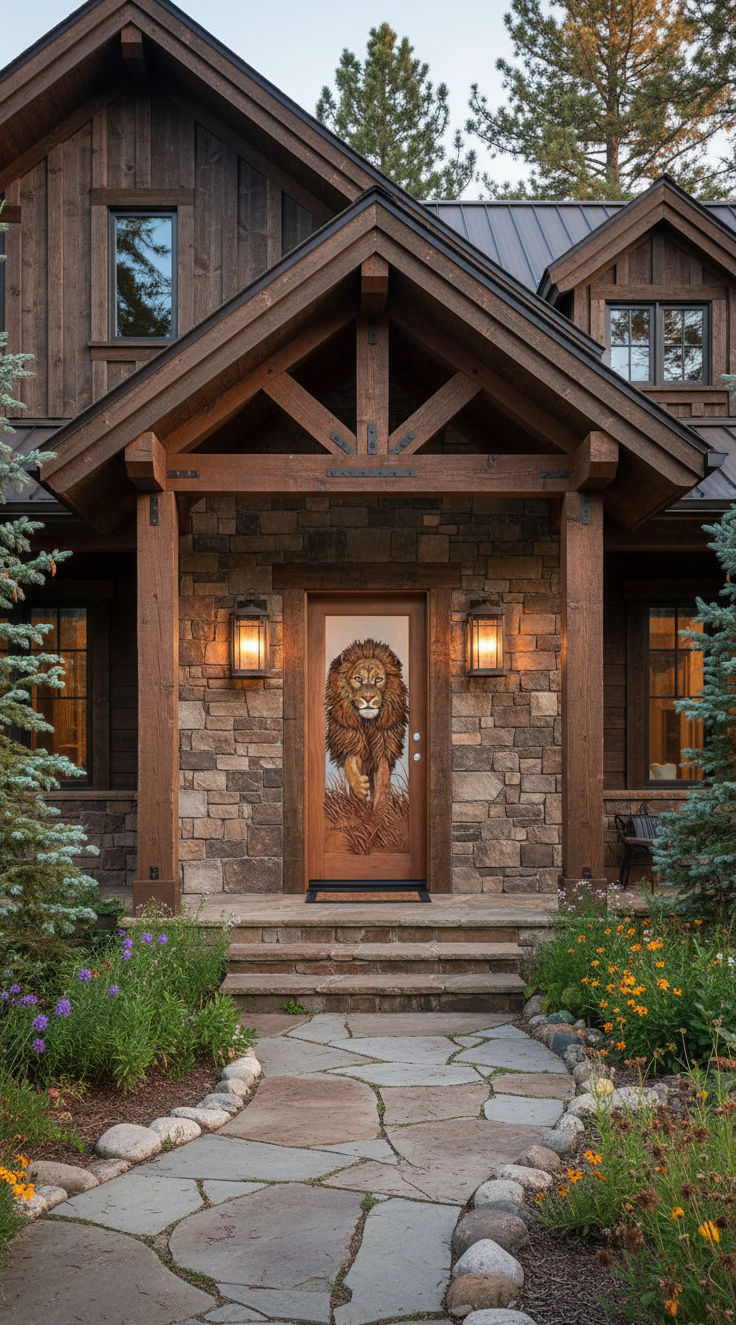 A luxury rustic mountain home entrance featuring a custom hand-carved solid wood front door with a detailed 3D relief carving of a regal lion, set against stone siding and massive timber gables.