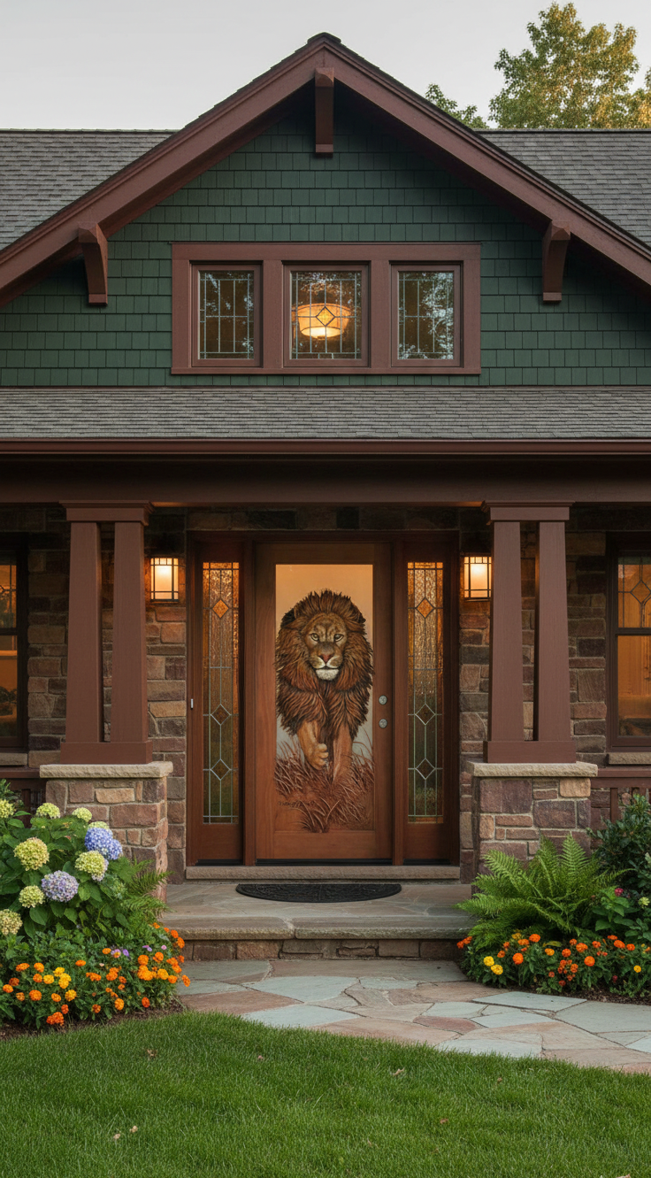 A classic American Craftsman style home entrance featuring a custom hand-carved solid wood front door with a 3D relief carving of a majestic lion, flanked by decorative leaded glass sidelights and framed by heavy stone and tapered wood columns.
