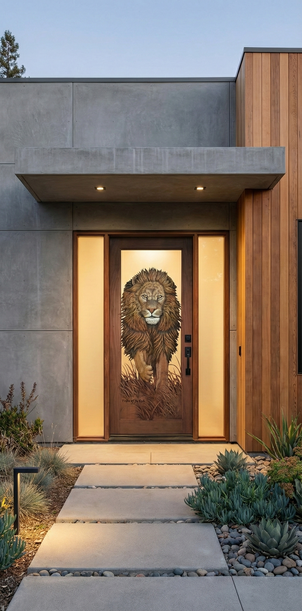 A luxury contemporary home entrance featuring a custom hand-carved solid wood front door with a detailed 3D relief carving of a majestic lion walking through tall grass, flanked by frosted glass sidelights under a modern concrete overhang.