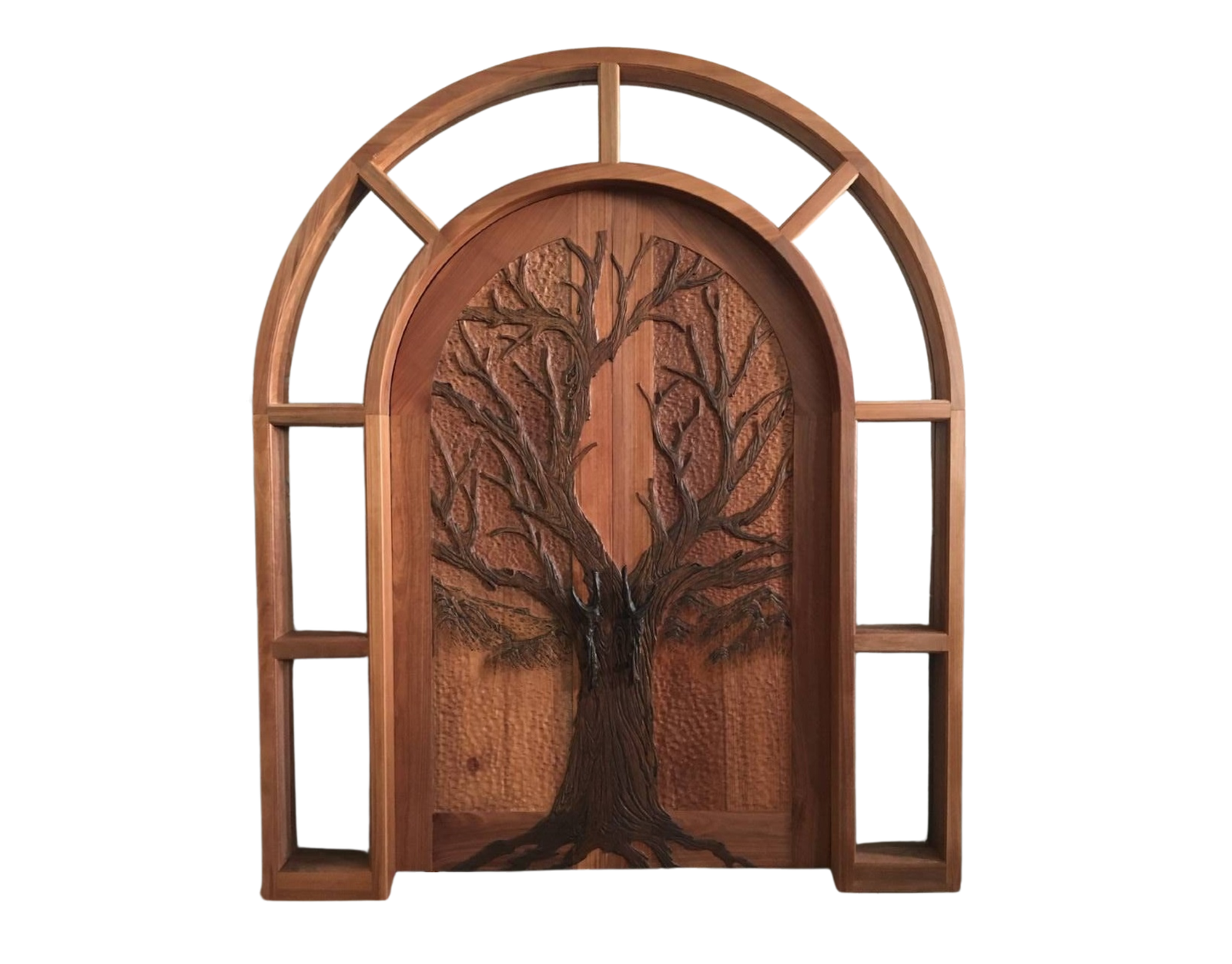 A custom arched full round top double entry door crafted from solid wood, featuring an intricate hand-carved 3D relief of a large oak tree extending across both leaves, integrated within a matching arched transom and sidelight timber framework.