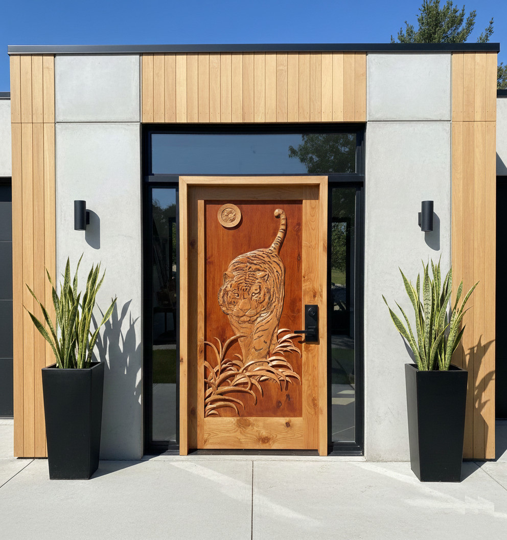 A luxury modern house entrance featuring a custom hand-carved solid wood front door with a detailed 3D relief carving of a tiger walking through tall grass under a full moon, set against concrete panels and light wood siding.
