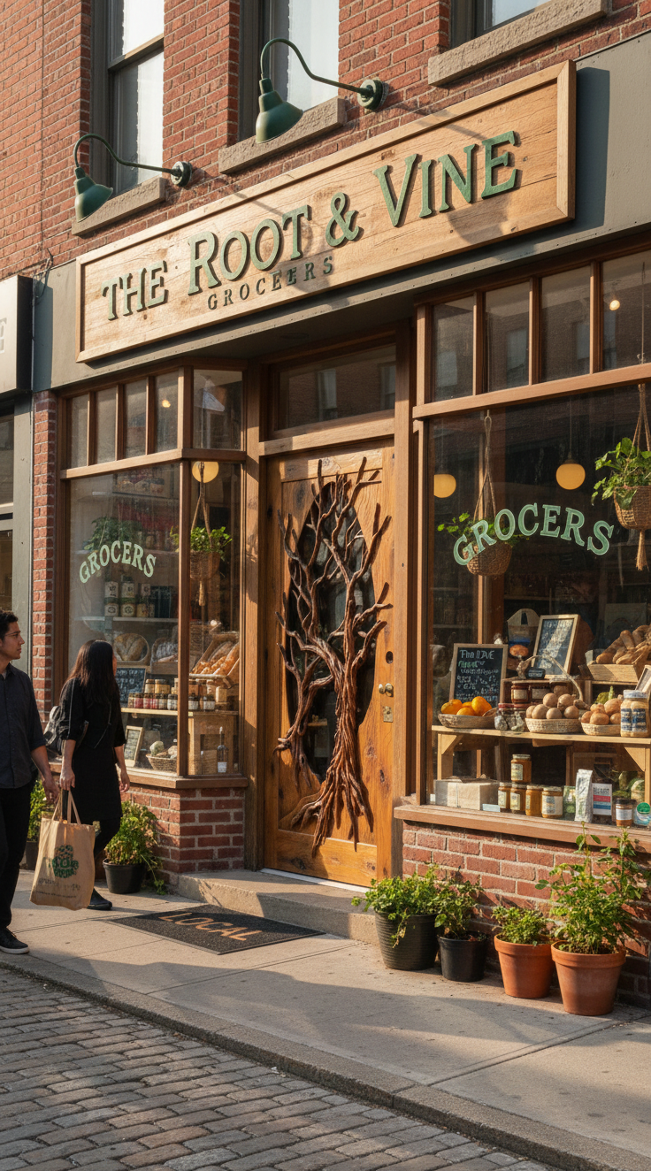 A charming brick organic market storefront named "The Root & Vine Grocers" featuring a custom hand-carved solid wood entry door with a detailed 3D relief carving of an ancient tree and twisting roots over an oval glass insert.