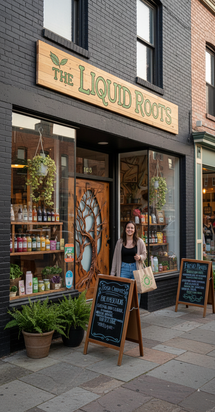 A vibrant urban juice bar storefront named "The Liquid Roots" featuring a custom hand-carved solid wood entrance door with an intricate 3D relief carving of an old tree and sprawling roots over an oval frosted glass panel.