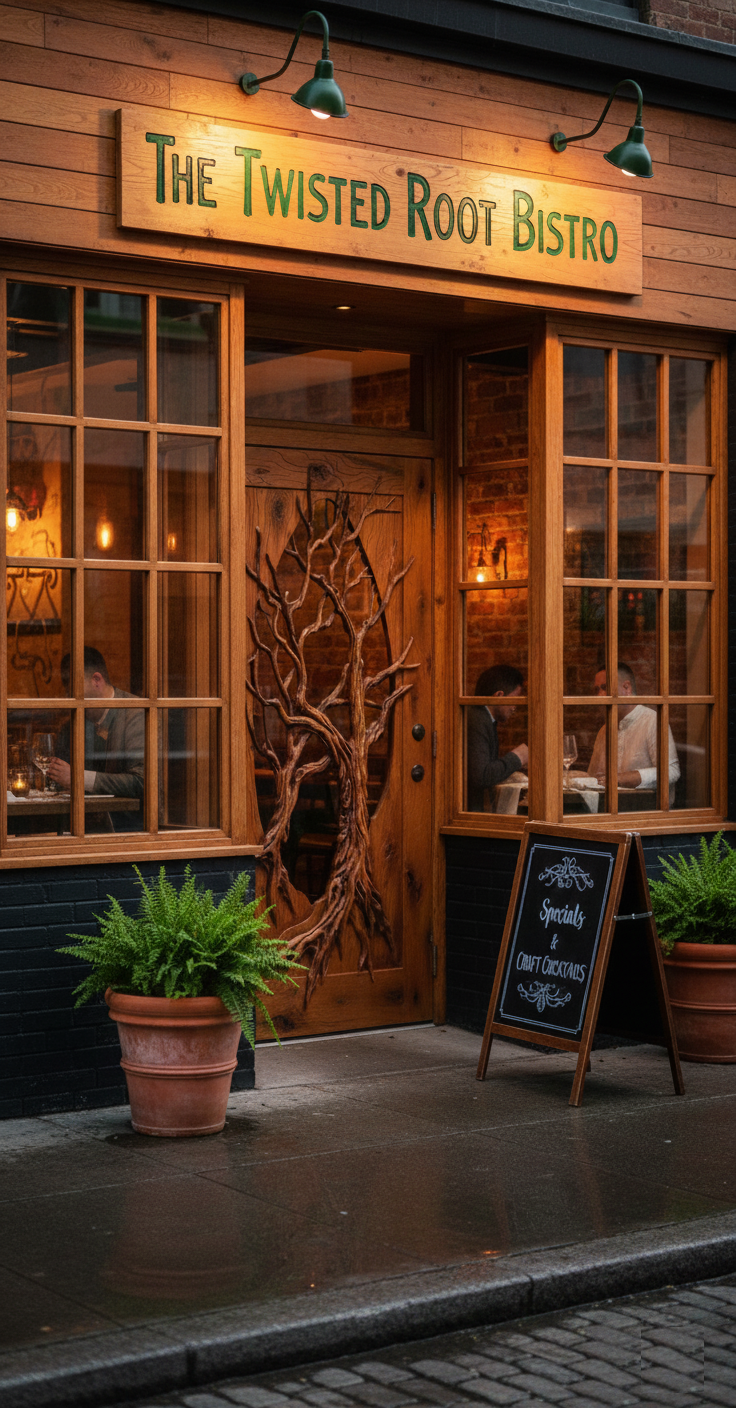 A cozy boutique restaurant storefront named "The Twisted Root Bistro" featuring a custom hand-carved solid wood entrance door with an intricate 3D relief carving of tree roots and branches overlaying a clear glass panel backdrop.