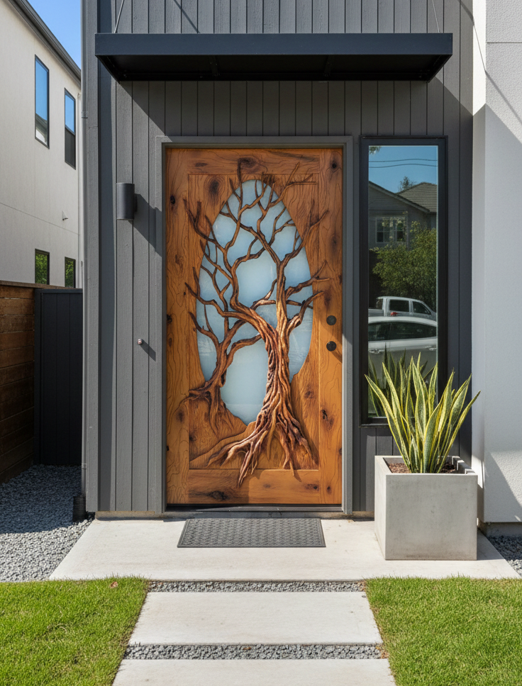 A modern urban home entrance with dark vertical siding and a black metal awning, featuring a custom hand-carved solid wood front entry door with a 3D relief carving of an old tree and twisting roots over an oval frosted glass panel.