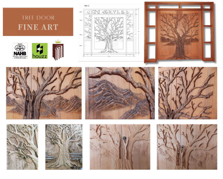 Hand-carved Tree of Life solid wood entryway collage showcasing CAD architectural drawings, full door frame assembly with sidelights, detailed wood carving craftsmanship, and workshop production process.