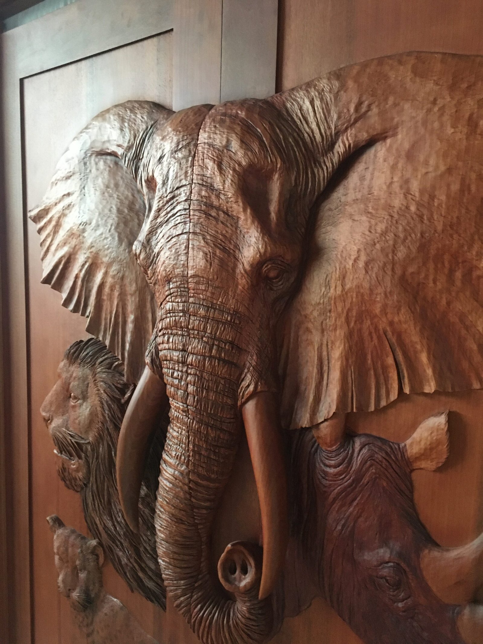 A close-up, three-quarter view of a finished solid wood double door highlighting the deep high-relief hand carvings of an African elephant head with warm stain, a roaring lion, a rhinoceros head with prominent horns, and a leopard.