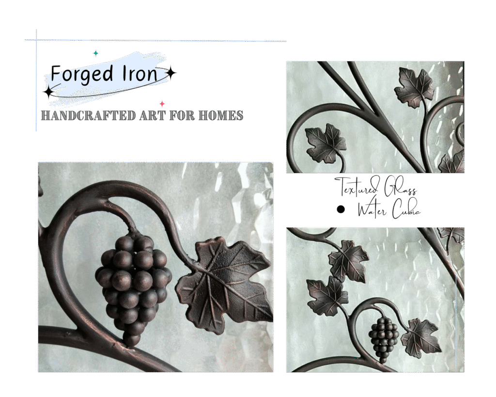 A product showcase graphic from Crown Custom Doors titled Forged Iron Handcrafted Art for Homes, displaying a collage of close-up detailed photos of hand-forged wrought iron grapevine inserts with dimensional grape clusters and leaves layered over textured privacy glass.