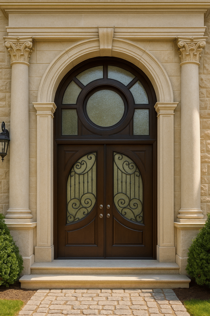 A grand custom solid wood double entry door system by Crown Custom Doors installed at a luxury villa entrance, featuring rich dark brown mahogany panels with arched wrought iron scrollwork glass inserts, a massive matching arched transom window with a circular glass centerpiece, and flanked by classical stone columns.