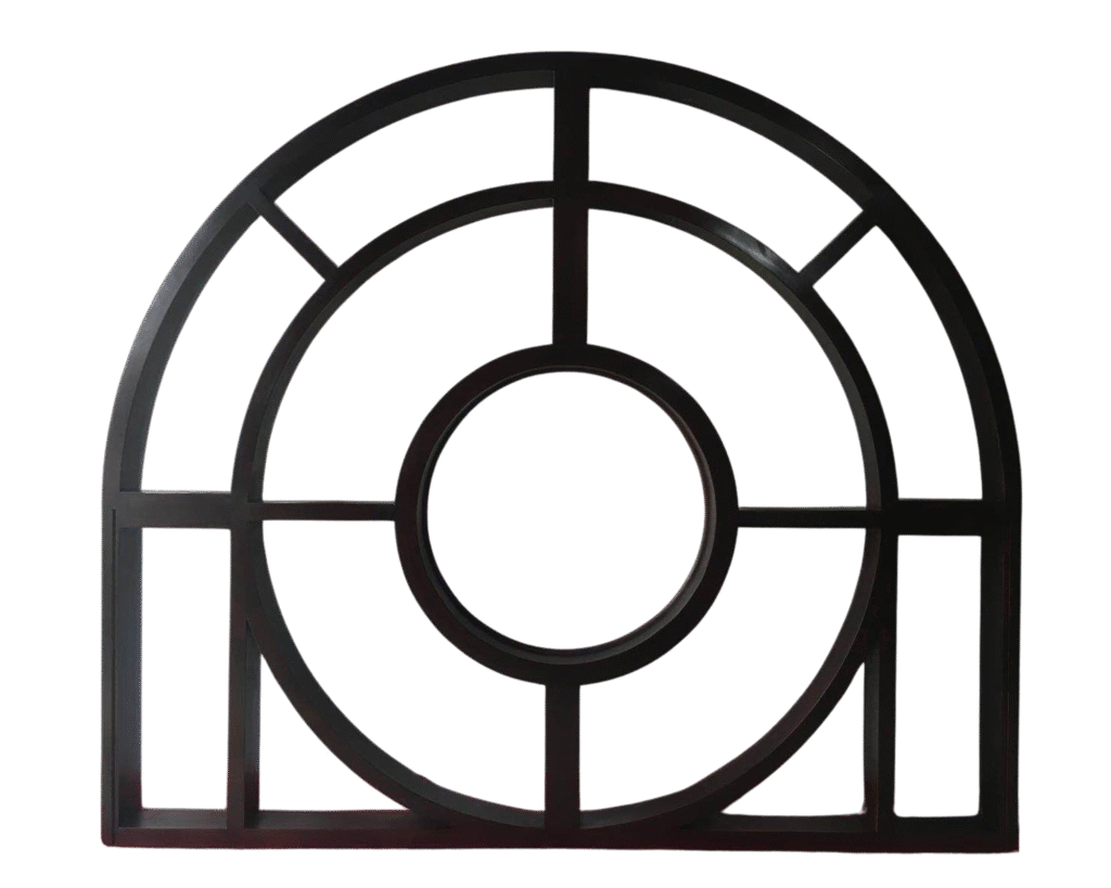 Front-facing view of the Imperial custom geometric arched wood transom window frame featuring a dark mahogany finish and detailed mullion dividers, isolated on a black background.