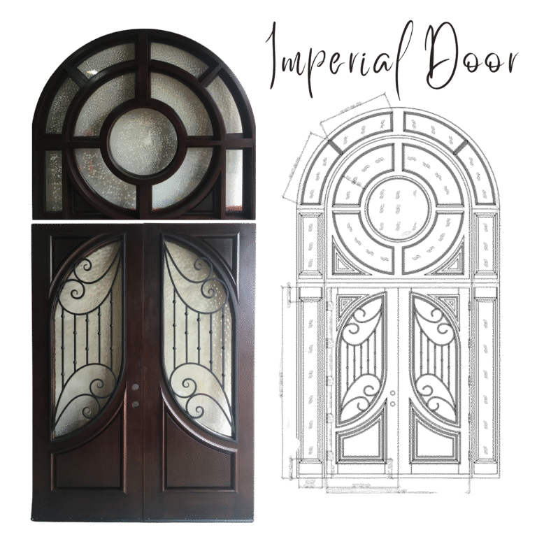 Product showcase of the Imperial grand solid wood double entry door featuring an arched glass transom, wrought iron scrolls, and a side-by-side technical CAD blueprint layout on a black background.
