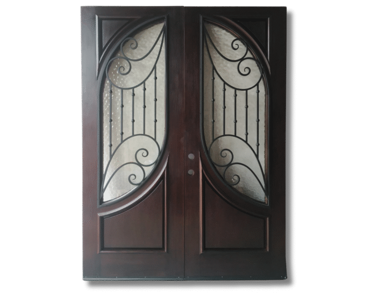 Front-facing view of the Imperial custom solid wood double entry door featuring a deep mahogany finish, elegant wrought iron scrollwork grilles, and textured glass panels isolated on a black background.