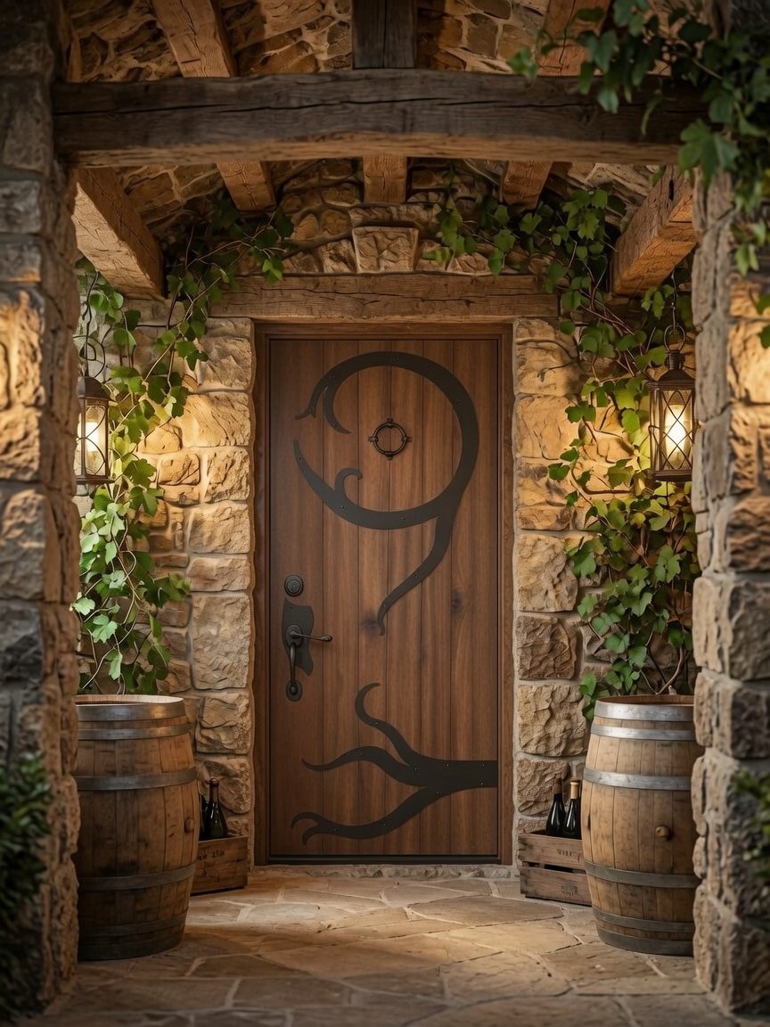 A direct front view of a fully installed custom rustic solid wood wine cellar door featuring black iron vine-style strap hinges, set in a light stone archway entryway flanked by climbing green ivy, oak wine barrels, and glowing wall lanterns.