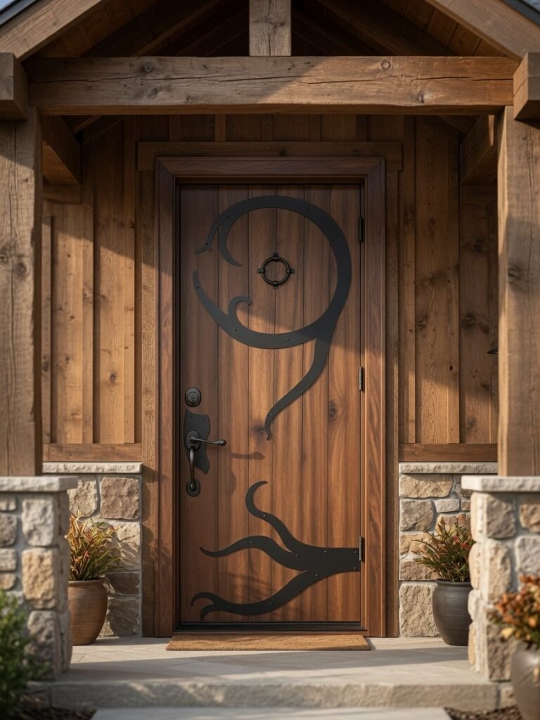 A direct front view of a fully installed custom rustic solid wood front door featuring black iron vine-style strap hinges and a speakeasy viewport, framed by a heavy timber portico, natural stone columns, and outdoor planters.