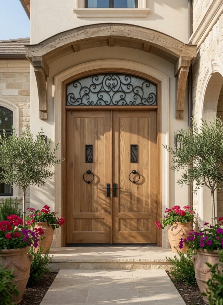 A direct front view of a fully installed custom double entry door made of light natural wood with an arched transom window featuring black scrollwork iron grilles, complete with black ring pull handles, flanked by olive trees in terracotta pots on a stone walkway.