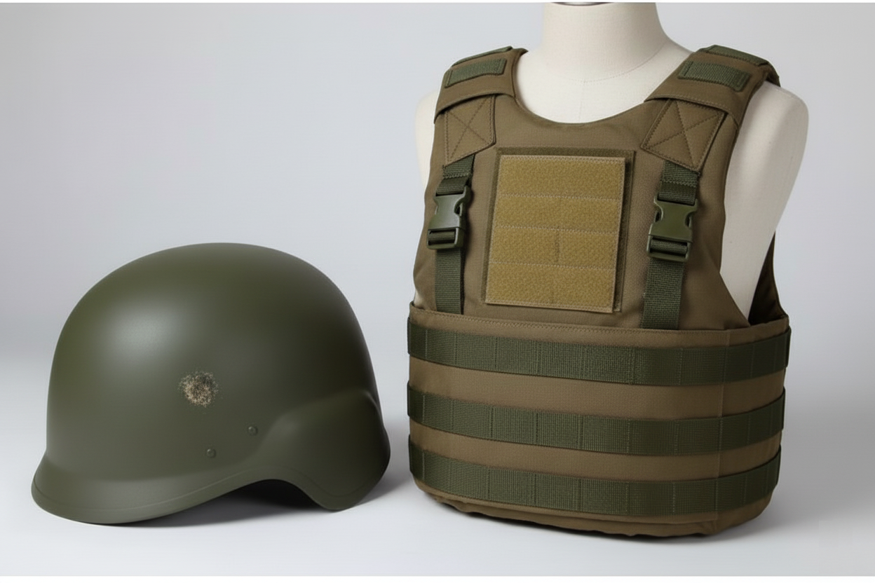 Tactical military Kevlar helmet with a bullet impact mark next to a ballistic vest on a display mannequin, illustrating the high-security armor materials used internally for bulletproof custom wood doors.