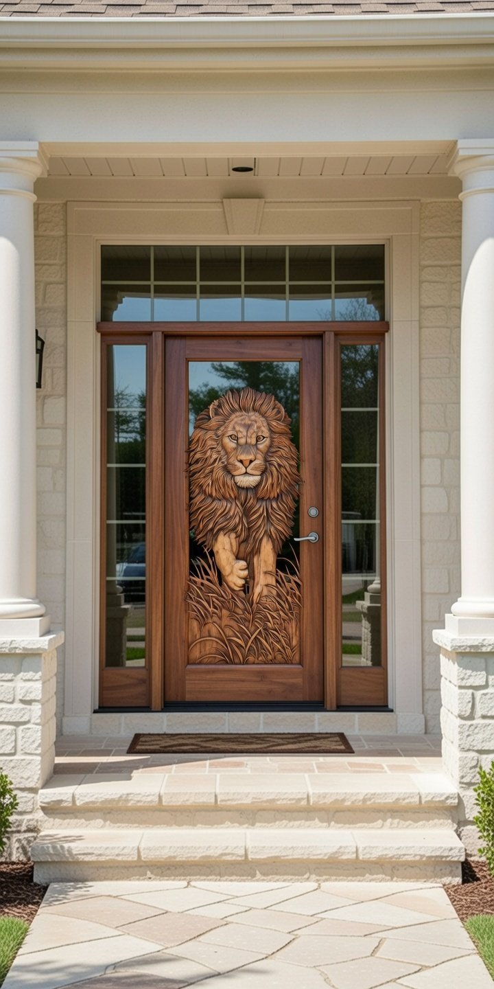 Installed custom solid wood lion entry door with hand-carved lion relief, matching clear glass sidelights, and a rectangular grid transom window on a luxury stone home.