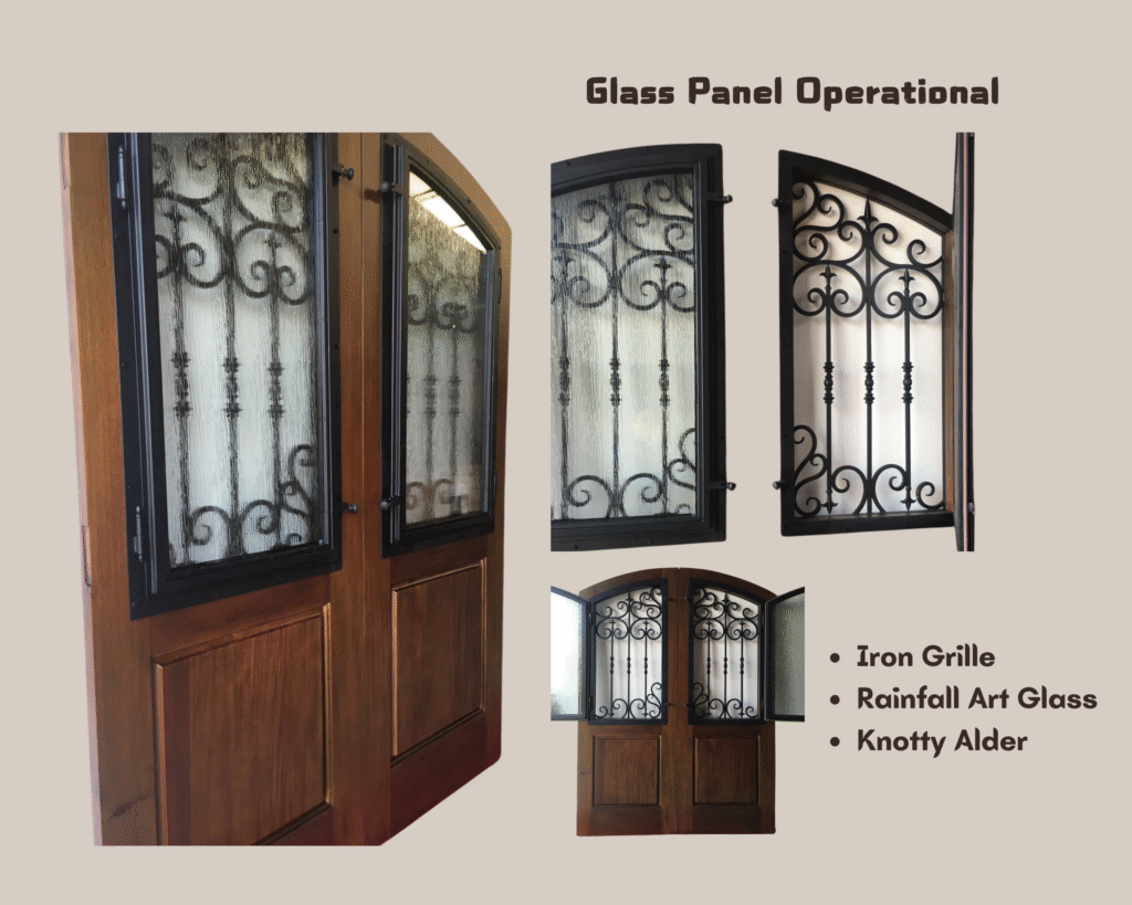 A product showcase graphic for Crown Custom Doors detailing an arched double door made of knotty alder wood, featuring independent operational glass panels with rainfall art glass behind fixed black wrought iron grilles.