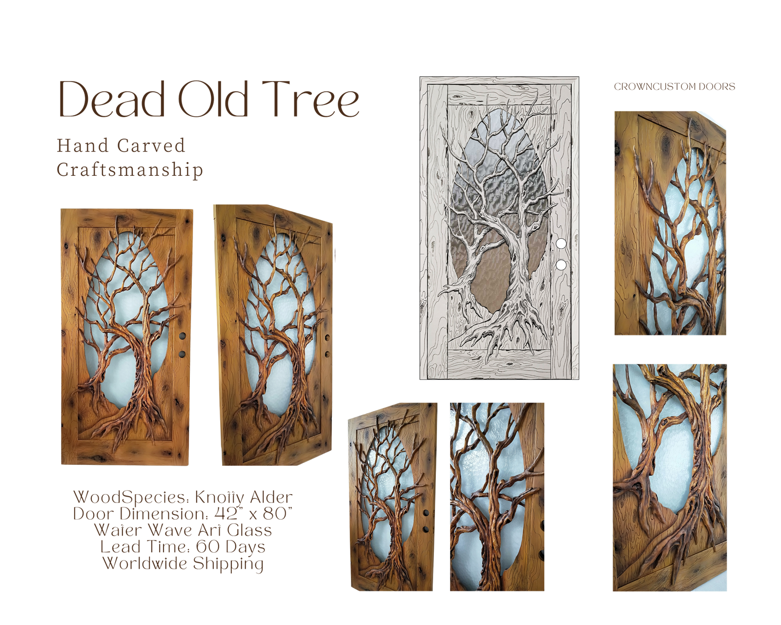 A professional product infographic poster for the Crown Custom Doors "Dead Old Tree" collection, showcasing multiple angles, a detailed line drawing schematic, and technical specifications for a hand-carved knotty alder wood door with an oval water wave art glass insert.