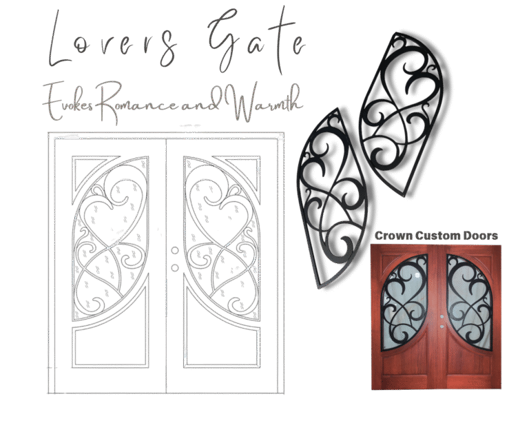 Design schematic for the Lover’s Gate custom double entry door by Crown Custom Doors, featuring a black-and-white CAD architectural blueprint, isolated wrought iron scrollwork template overlays, and a finished solid wood double door photo.