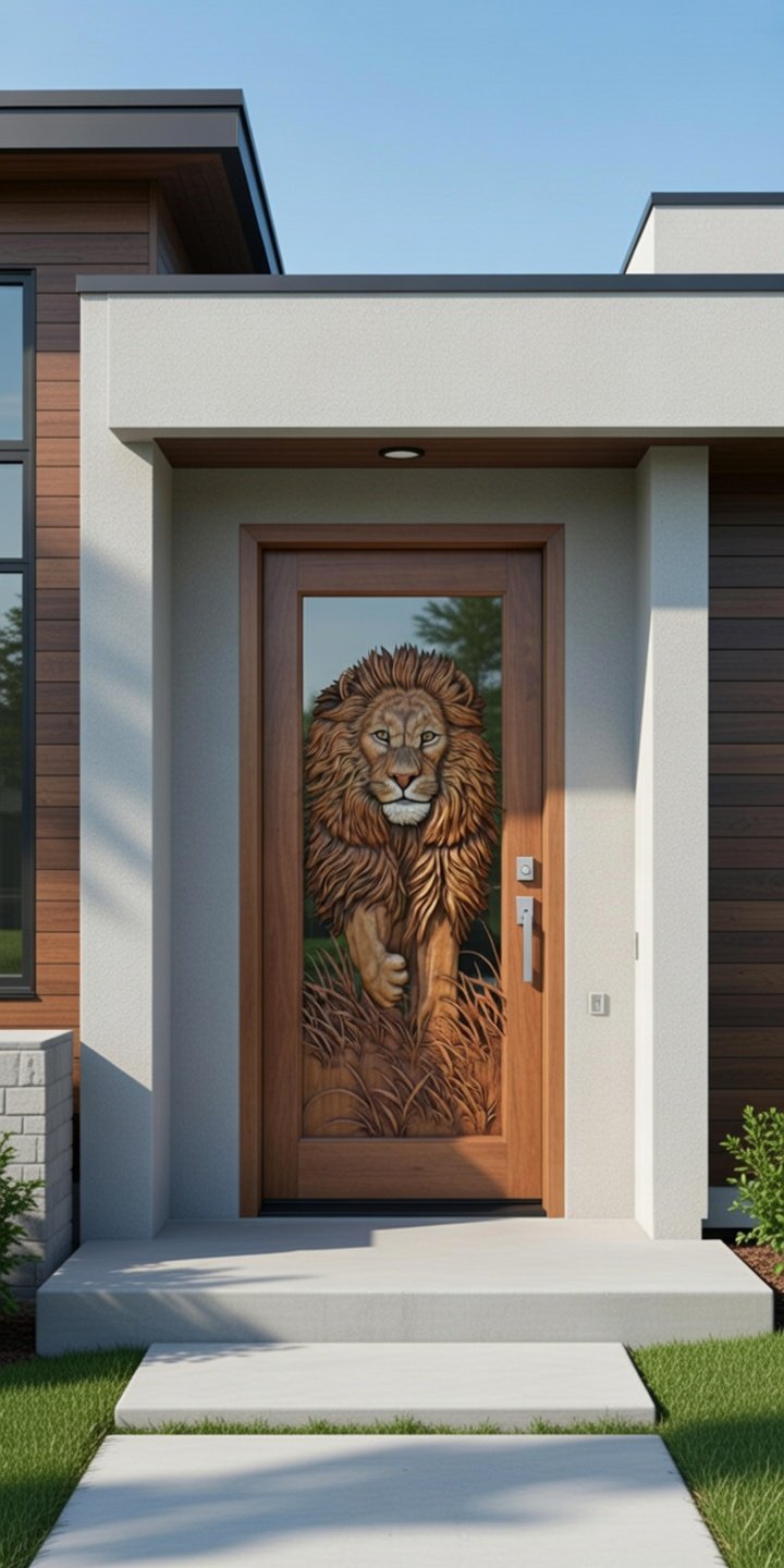 A luxury modern home entrance featuring a custom hand-carved solid wood front door with a detailed 3D relief carving of a majestic lion walking through tall grass.