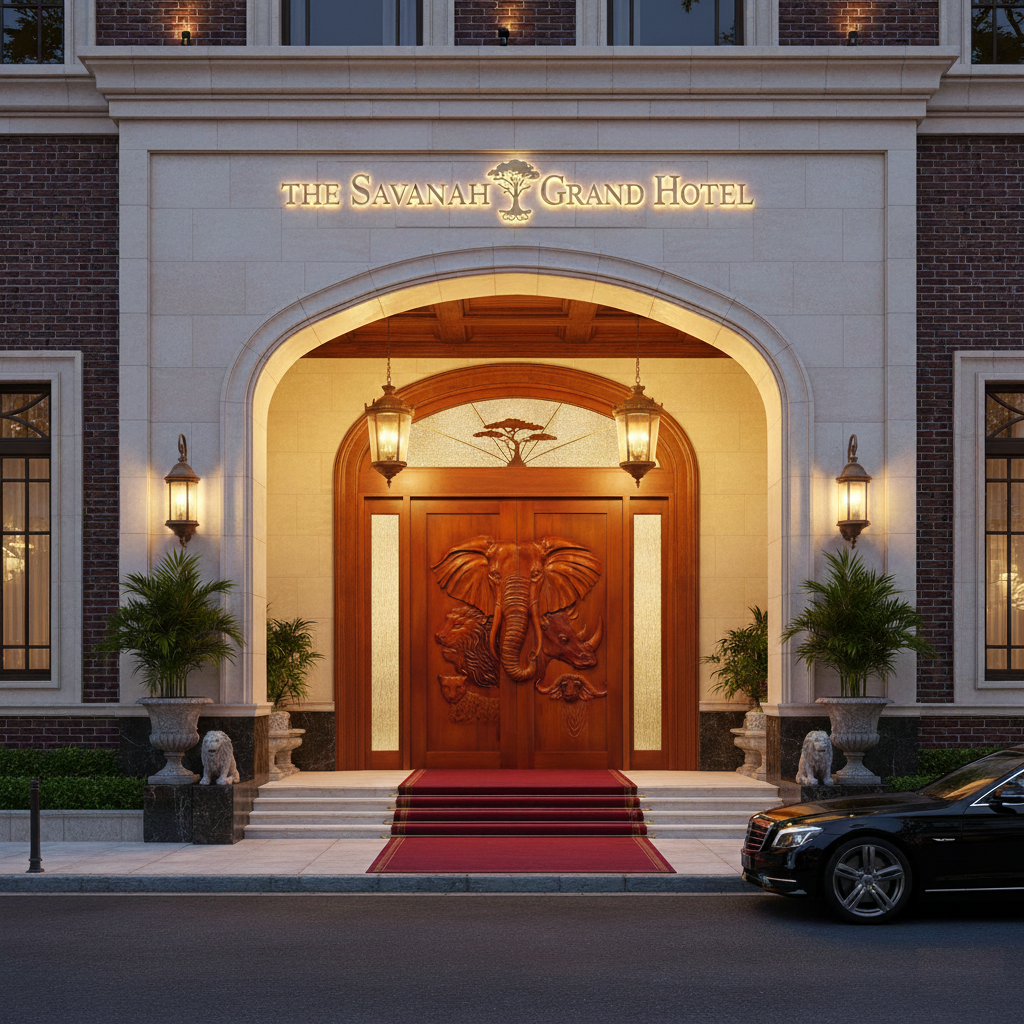A wide exterior view of the luxury Savannah Grand Hotel entrance featuring a custom hand-carved solid wood double entry door with high-relief African wildlife carvings, set under a large limestone archway with a red carpet walkway, glass transom, hanging brass lanterns, and a black luxury car out front.