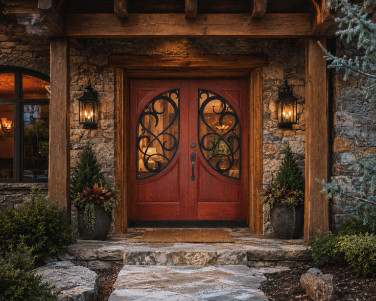 Grand rustic mountain lodge entryway featuring a custom solid wood double front door with oval glass and black wrought iron scrollwork, set in a natural stone wall under exposed timber beams with warm outdoor lanterns.