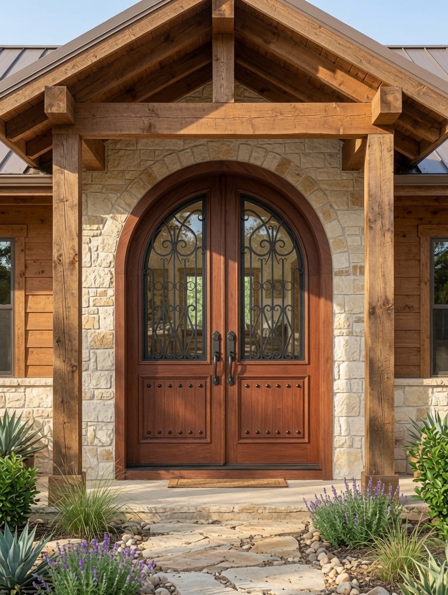 A wide-angle exterior view of a luxury rustic home entrance showing the "Romantic Retreat" custom arched mahogany double door, framed by a heavy timber portico, a light natural stone archway, a flagstone path, and desert landscaping.