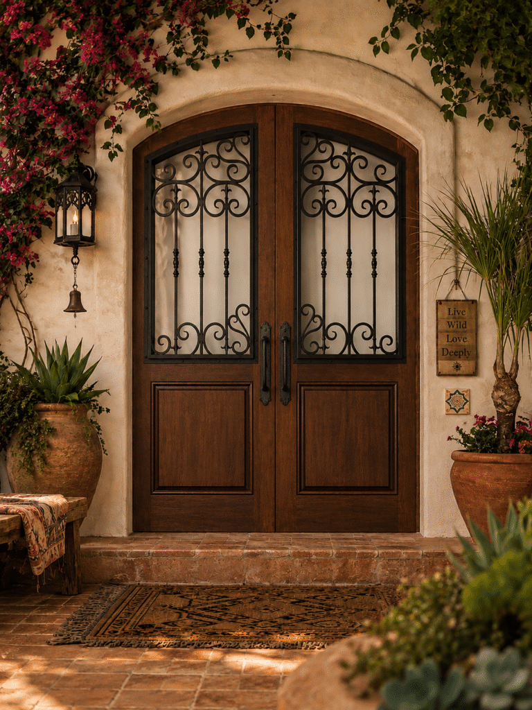 Custom arched solid wood front double doors by Crown Custom Doors, featuring elegant black wrought iron scrollwork over frosted glass panels, installed in a warm stucco entryway with rustic tile floors and potted plants.
