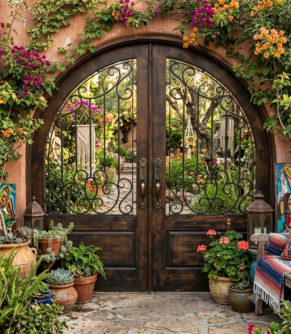 Custom arched solid wood double doors by Crown Custom Doors, featuring intricate black wrought iron scrollwork grilles over large clear glass panels looking out into a lush garden courtyard filled with flowers.