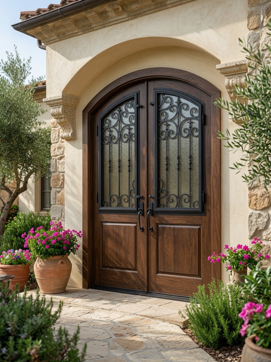Custom arched solid wood double front doors by Crown Custom Doors, featuring classic black wrought iron scrollwork over textured glass panels, installed in a Mediterranean-style home entry with stone accents and potted flowers.