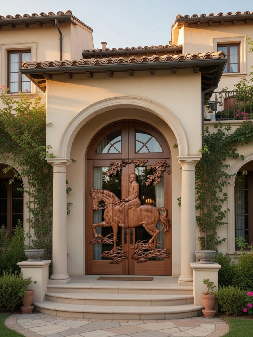 Custom hand-carved solid wood arched double entry door with glass panels and a full half-round transom window, featuring a high-relief equestrian horse and rider carving on a Mediterranean luxury villa exterior.
