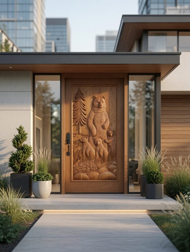 Custom hand-carved solid wood front entry door with a high-relief mother bear and three cubs, installed with full-length glass sidelights on a modern contemporary home exterior.