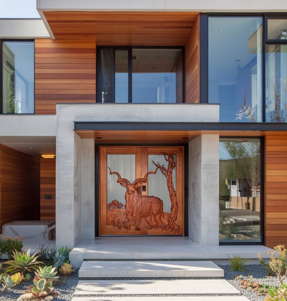 Custom hand-carved solid wood double front entry door with glass inserts featuring a detailed high-relief kudu antelope and tree carving on a modern architectural home exterior with cedar wood siding.
